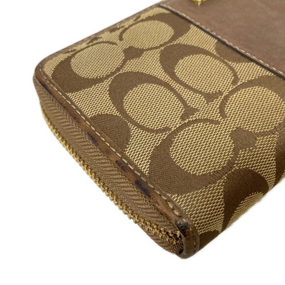 Auth COACH Signature - Khaki Dark Brown Jacquard Leather Long Wallet - Picture 4 of 10